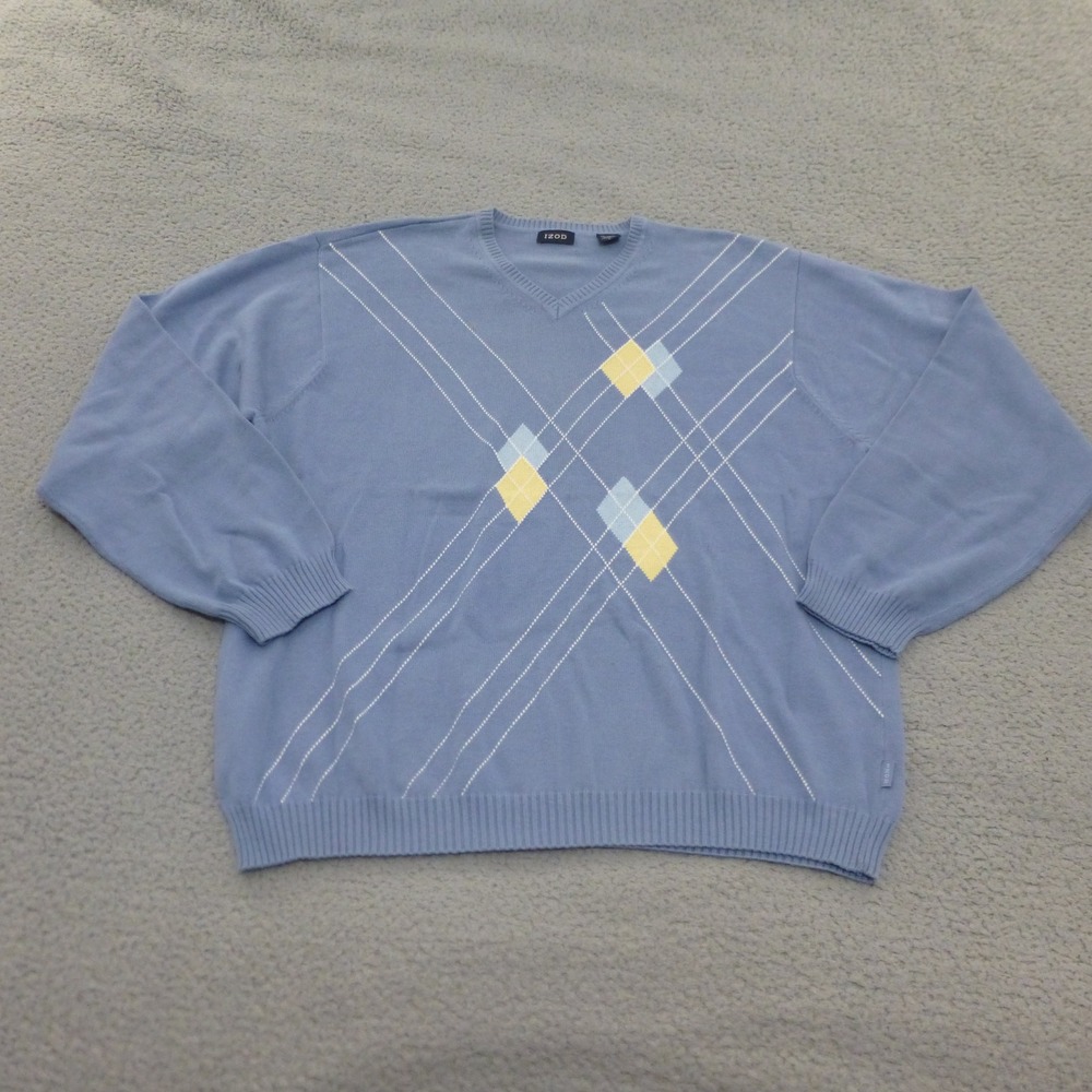 IZOD Sweater Mens Large V Neck Argyle Light Blue Cotton Long Sleeve Pullover